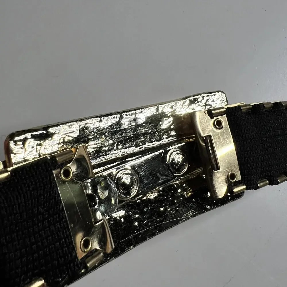 80s Metal Elastic Fashion Belt Womens One Size Gold Textured Skinny Waist Cinch - Picture 5 of 6